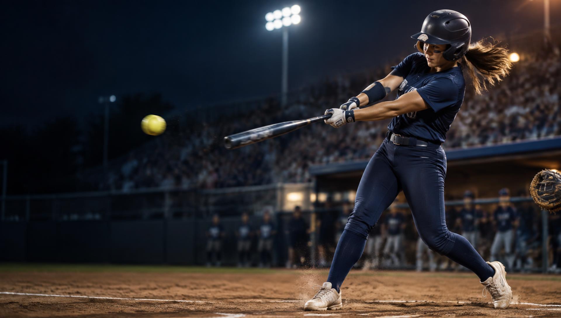 An original illustration of a professional softball batter making contact under stadium lights
