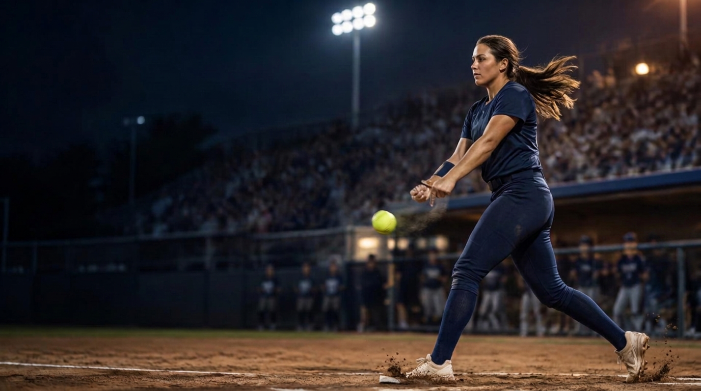 An original illustration of a professional softball pitcher releasing a pitch under stadium lights